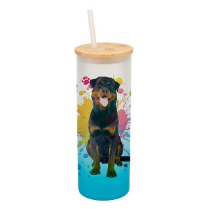 100 North 25 Ounce Frosted Glass Gradient Travel Tumbler With Straw & Wooden Lid, Rottweiler Dog Paint Splatter Sky Blue - 1 of 4