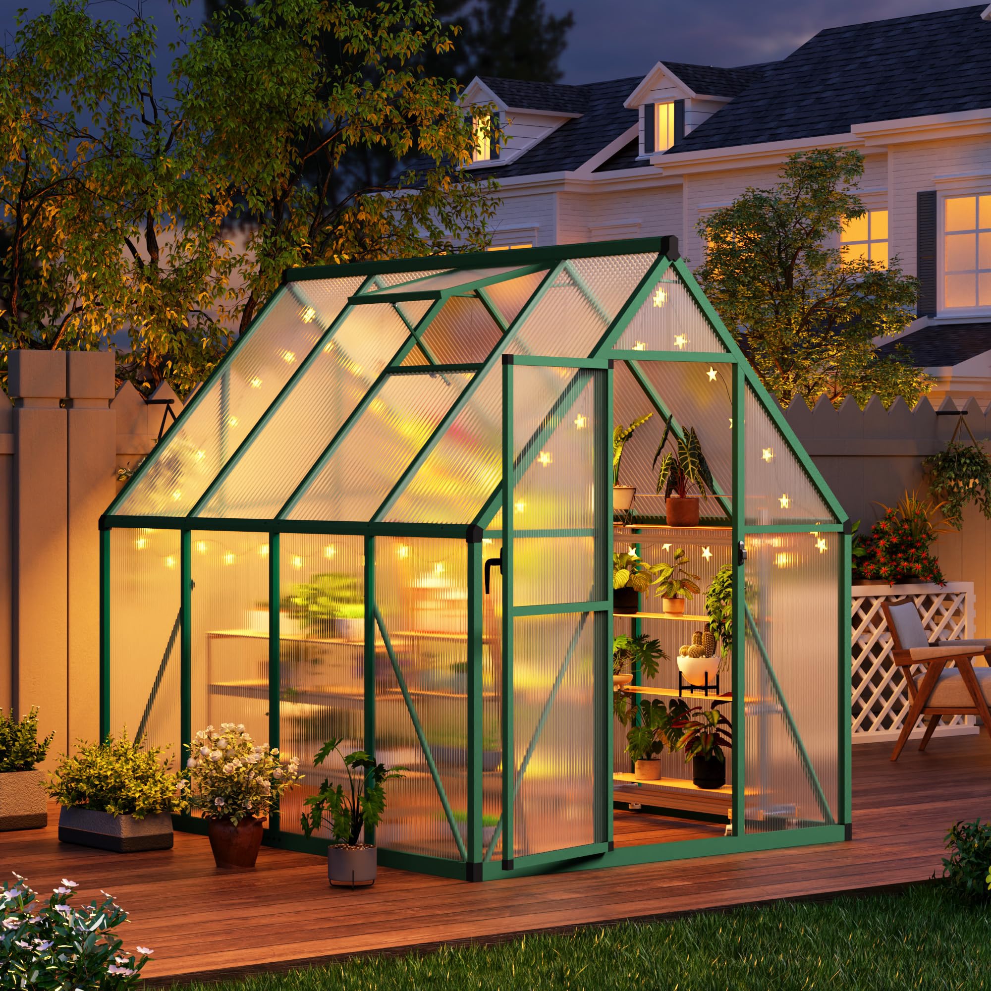 6x7 FT Outdoor Greenhouse, Polycarbonate Greenhouse with Roof Vent and Ground Nails, Aluminum Large Walk-in Green House w/ Lockable Push Door