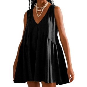 Women Flowy Pleated Dress X Seam Tank Dress V Neck A Line Dress Summer Casual Dress Lounge Outfits for Women Beach Mini Dress - 1 of 4