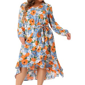 Agnes Orinda Women's Plus Size Floral Printed V Neck Long Sleeve Tiered Ruffle Hem Midi Flowy A-Line Dresses - 1 of 4