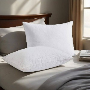 Peace Nest Goose Feather Down Pillow White Quilted Cotton Cover Set of 2 - 1 of 4