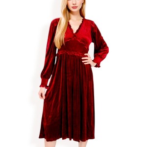 Anna-Kaci Women's Velvet Dress with Smocked Bodice and Ruffled V-Neck - 1 of 4