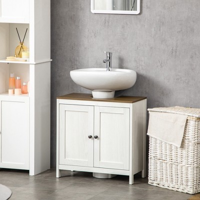 Antique White Freestanding Bathroom Sink Cabinet with Dark Wood Top