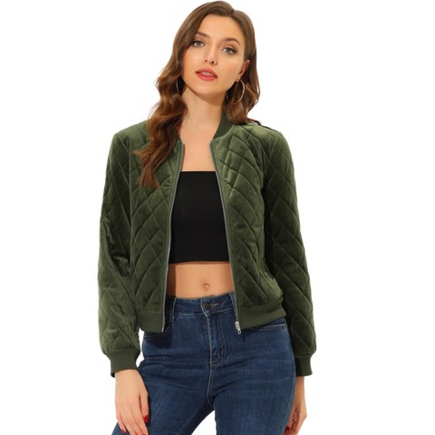 INSPIRE CHIC Women's Zip Up Long Sleeve Velvet Surface Diamond Quilted Bomber Jackets Green X-Large
