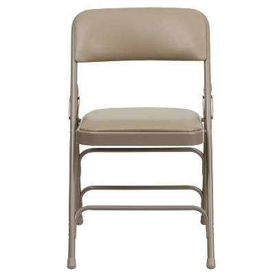 Beige Vinyl Metal Folding Chair with Padded Seat and Triple Braced Frame