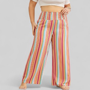 Amaryllis Women’s Plus Size Smocked Waist High Rise Multicolor Vertical Stripe Wide Leg Pants with Pockets - 1 of 4