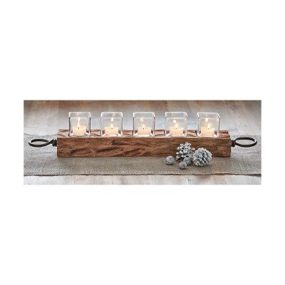 Rustic Mango Wood and Glass Tealight Holder with Iron Handles