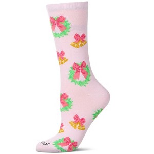 Memoi Women's "Bells N Bows" Christmas Holiday Novelty Crew Sock Powder Pink 9-11 - 1 of 4