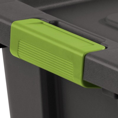 Tuff1 30-Gallon Stackable Black Plastic Storage Tote with Green Latches