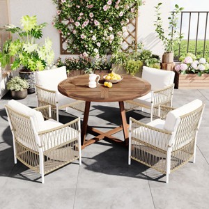 5 Piece Outdoor Patio Wood Dining Set,4 Seater Rattan Dining Set,Extendable Round Solid Wooden Kitchen Dining Table and Chairs-Coolbibila - 1 of 4