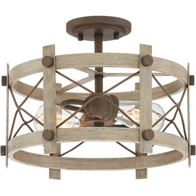 360 Lighting Rustic Farmhouse Ceiling Light Semi Flushmount Fixture Rust Bronze Faux Wood 14 3/4" Wide 2-Light Open Drum Bedroom