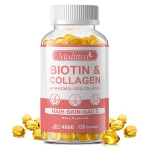Mulittea Biotin with Collagen Supplement– Support Strong Nails, Shiny Hair & Glowing Skin – 120 Vegan Capsules - 1 of 4