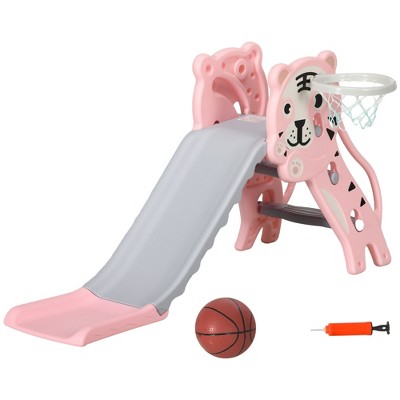 Qaba 3 in 1 Toddler Slide for Indoors, Toy for Toddler, Easy Set Up Baby Slide with Basketball Hoop for Kids 18-36 Months, Pink