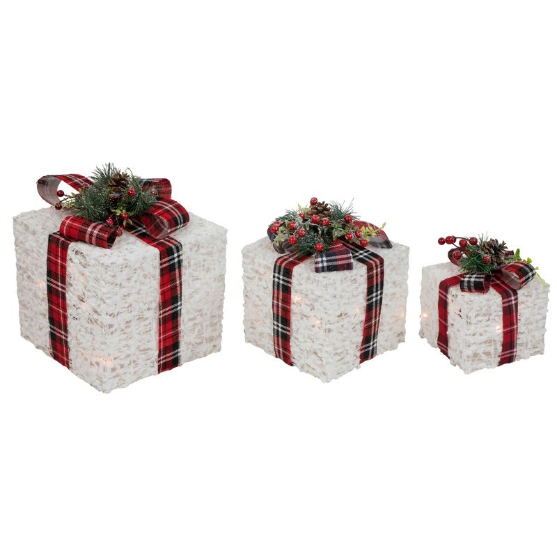 Northlight Set of 3 Lighted Red Plaid Gift Boxes Outdoor Decorations, 1 of 7