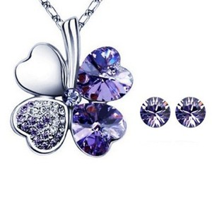 Gold Plated Crystal Heart Shaped Four Leaf Clover Pendant Necklace and Stud Earrings Jewelry Set - 1 of 1