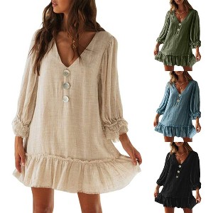 Coolmee Women European And American V Neck Loose Ruffled Long Sleeve Ruffled Hem Button Down Cotton And Linen Mini Dress - 1 of 4