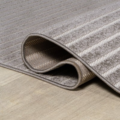 Scandi Minimalist Gray/Ivory Striped Synthetic Runner Rug 2x8