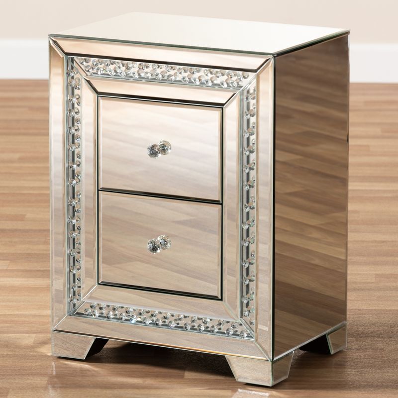 Mina Mirrored 2 Drawer Nightstand Bedside Table Silver - BaxtonStudio, 5 of 9