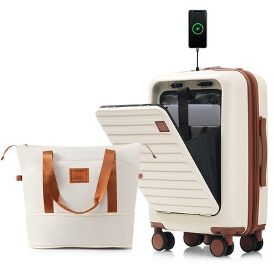 YONWAY 2 Piece Carry on Luggage Set,Front Opening 20-inch Carry-on Luggage and Expandable Travel Bag, With USB Port, Cup Holder, Back to School Use