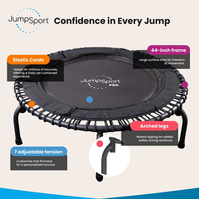 JumpSport 570 PRO Silent Indoor Heavy Duty Lightweight Large 44-Inch Diameter Fitness Trampoline with 7 Adjustable Tension Settings, Black, 2 of 7