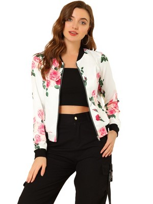 INSPIRE CHIC Women's Stand Collar Floral Prints Zip Up Lightweight Short Jacket