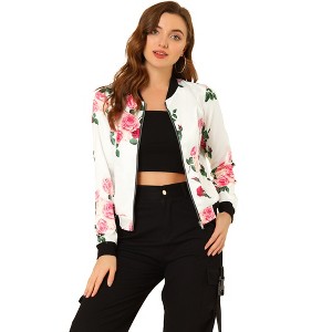 INSPIRE CHIC Women's Stand Collar Floral Prints Zip Up Lightweight Short Jacket - 1 of 4