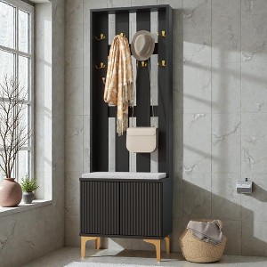 Mshliw Modern 4 in 1 Hall Tree with Cushioned Bench Coat Rack with 8 Hooks Shoe Storage Cabinet and Adjustable Shelves - 1 of 4