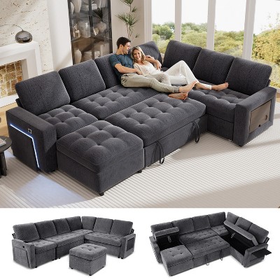 Vipbear 7 Seat U Shaped Sectional Couch Modular Sectional Sleeper Sofa Bed with Pull Out Bed/Reclining Backrest/Table/LED Light/Tool-Free Assembly