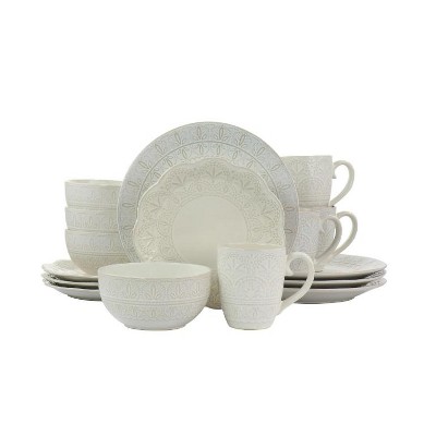 Elama White Lace 16 Piece Round Scallop Stoneware Dinnerware Set in White