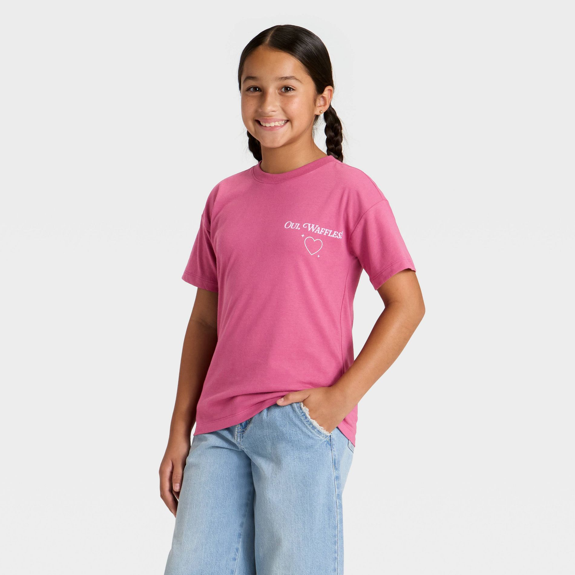 Girls' Short Sleeve 'Oui Waffles' Oversized Graphic T-Shirt - Cat & Jack™ Berry Purple
