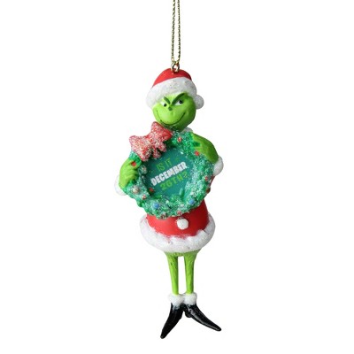 Kurt S. Adler 4.25” Dr. Seuss The Grinch Holding Wreath Christmas Ornament - Green/Red
