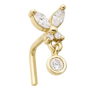 Jewelry Avalanche 20G 14K Gold L-Shape Butterfly Nose Stud – Dangling Bezel Set CZ Nose Jewelry - 1 of 4