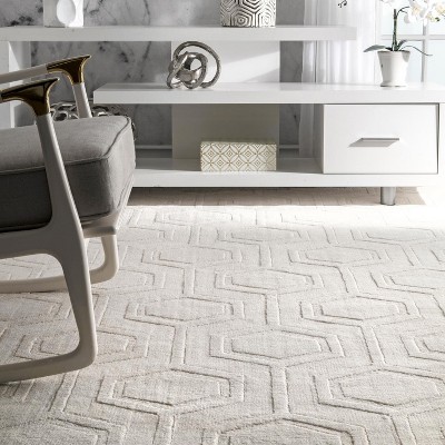 Elegant Ivory Geometric Handwoven Wool Runner Rug, 2' 6" x 8'