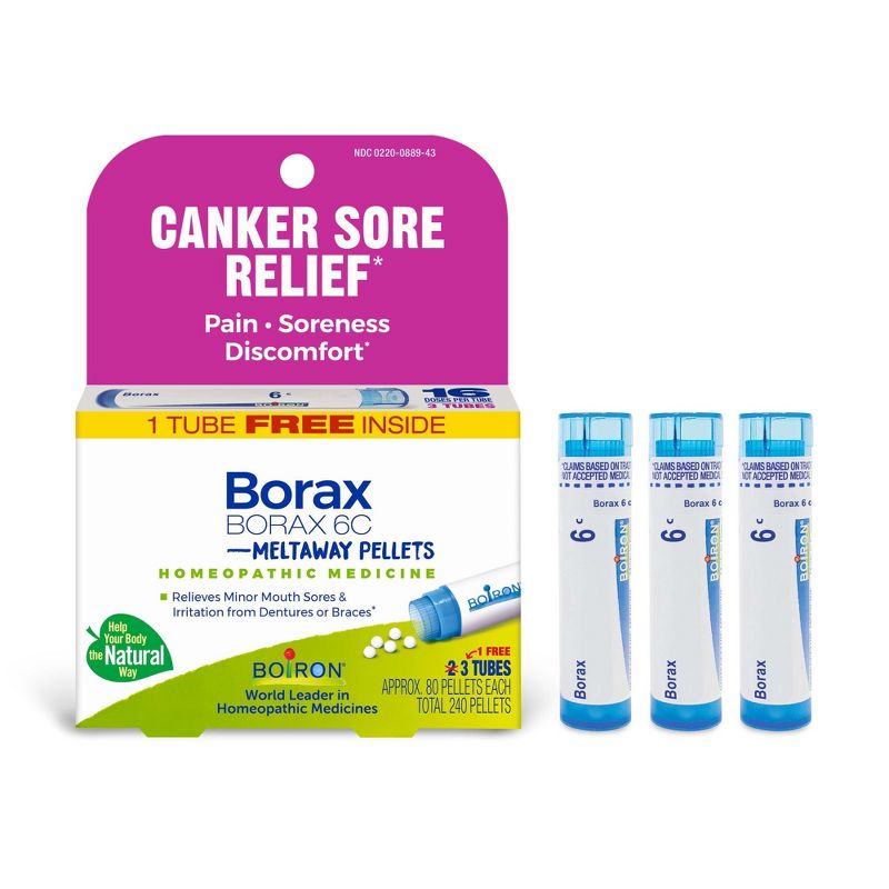 Boiron Borax 6C 3 MDT Homeopathic Medicine For Canker Sore Relief  -  3 Tubes Box, 1 of 5