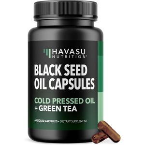 Cold Pressed Black Seed Oil Liquid Capsules + Green Tea Extract, Energy & Digestive Health Support, Nigella Sativa Supplement, Havasu Nutrition, 60ct - 1 of 4