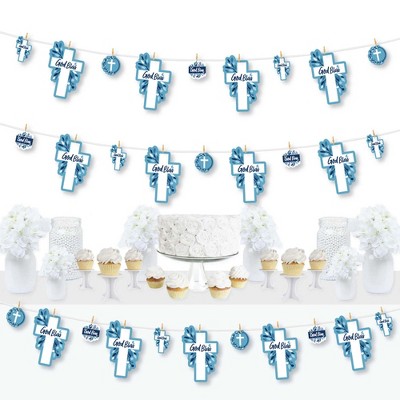 Big Dot of Happiness Blue Elegant Cross - Boy Religious Party DIY Decorations - Clothespin Garland Banner - 44 Pieces