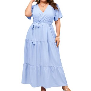 MISSKY Women Plus Size Wrap Dress High Waist Short Sleeve Ruffle Casual Summer Maxi Dresses with Belt - 1 of 4
