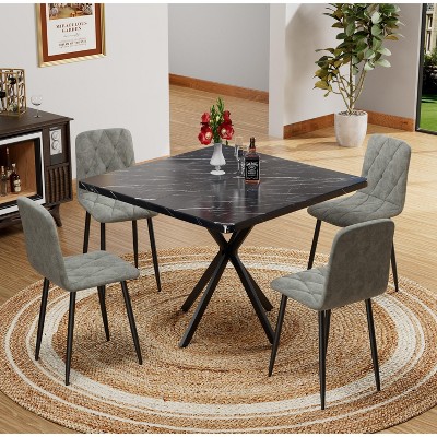 38.60"Square Dining Table Set, Mid Century Modern Square Dining Table for 4 Person, Faux Marble Tabletop, Iron Legs,Black+Blue