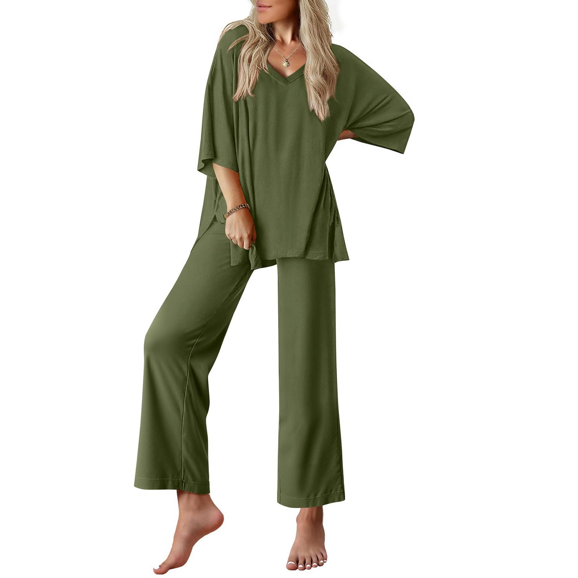 Ekouaer Lounge Sets for Women Pajamas Set Short Sleeve Tops and Long Pants Soft 2 Piece Outfits with Pockets
