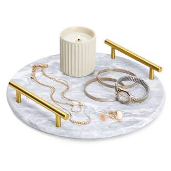 Juvale Round Marble Tray for Vanity with Handles, White Marble and Gold Serving Board for Kitchen, Home Decor, Centerpiece Display, 10.7x10.7x0.4 in
