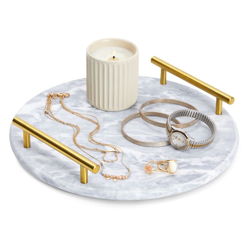 Juvale Round Marble Tray for Vanity with Handles, White Marble and Gold Serving Board for Kitchen, Home Decor, Centerpiece Display, 10.7x10.7x0.4 in, 1 of 9