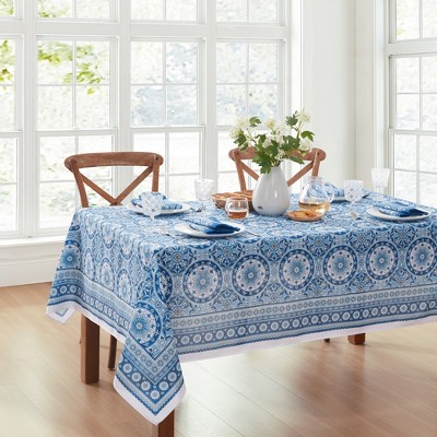 Vietri Medallion Blue Polyester Indoor/Outdoor Tablecloth 60"x144"