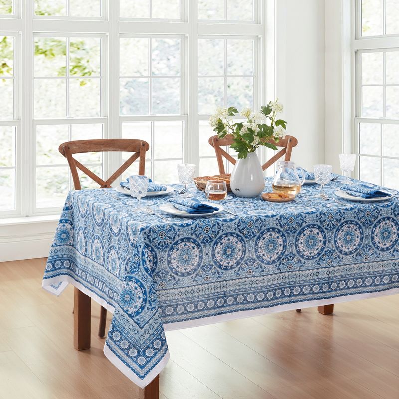 Vietri Medallion Blue Block Print Stain & Water Resistant Indoor/Outdoor Tablecloth - Elrene Home Fashions, 3 of 6