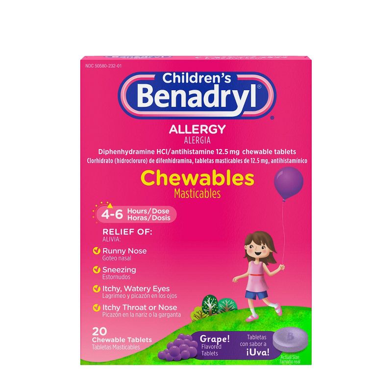 Children&#39;s Benadryl Diphenhydramine Allergy Relief Chewable Tablets - Grape - 20ct, 1 of 10