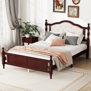 Whisen Queen Pine wooden Bed with Upholstered Headboard and Panel Footboard - 1 of 4