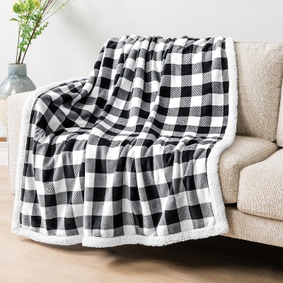 Twin Black and White Buffalo Plaid Sherpa Fleece Blanket