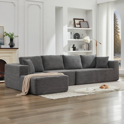 137.8" Corduroy Upholstery L-Shaped Cloud Modular Sectional Sofa with Left Chaise and Pillows, All-Foam Compression Design