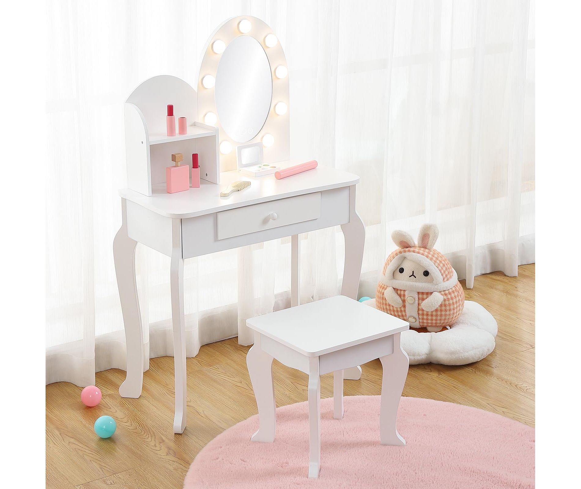 Kids Vanity Set with Stool - Wooden Princess Makeup Table with Mirror, Play Cosmetics & Storage,white