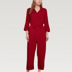 Anna-Kaci Lounge Women's Button Front Pajama Jumpsuit with Contrast Trim and Waist Tie Detail - 1 of 4