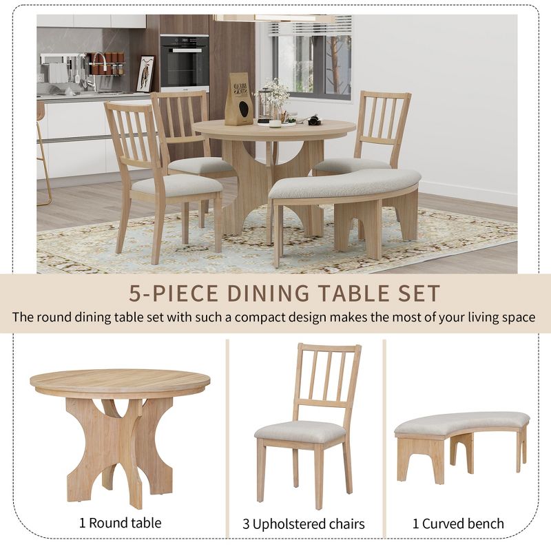 5 PCS Dining Table Set, Round Dining Table with Curved Bench & Side Chairs-ModernLuxe, 4 of 14